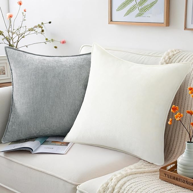 decorUhome Christmas Couch Throw Pillow Covers 16x16 Set of 2, Decorative Soft Euro Velvet Neutral Chenille Pillow Covers with Elegant Design for Sofa Bed Living Room Home Decor, Ultimate Gray