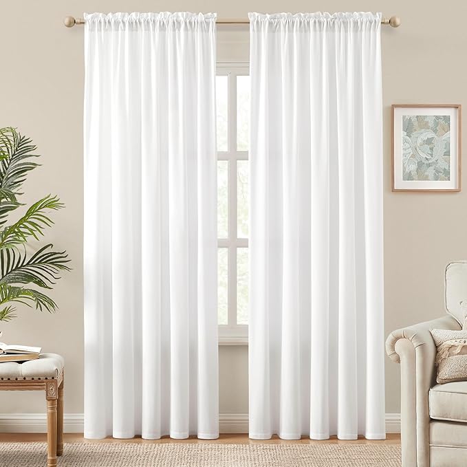 HOMEIDEAS Non-See-Through White Privacy Semi Sheer Curtains 108 Inches Long 2 Panels Set Light Filtering Curtains for Living Room Bedroom Large Window Treatment Drapes, W52xL108
