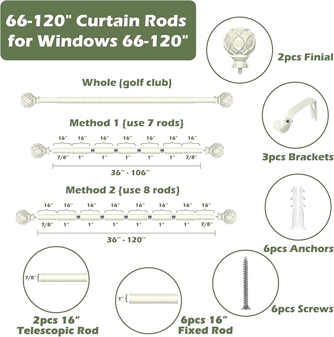 White Curtain Rods for Windows:Farmhouse Boho Decorative Curtain Rod for Bedroom Living Room,Heavy Duty Adjustable Rustic Drapery Rods with Vintage Coastal Texture Finials,Antique White 66-120"