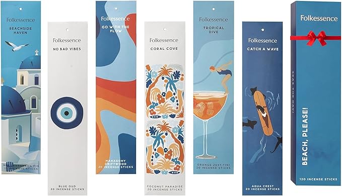 Folkulture Incense Sticks | Set of 6 Insenses (120 Sticks) with 45 Mins Burn Time | Orange Zest, Blue Oud, Aqua Crest, Coconut Paradise | Organic Mediterranean Fig Inscents, Non-Toxic Inscents-Sticks