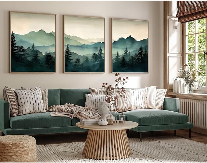 Mountain Wall Art Decor Set of 3 Sage Green Forest Canvas Wall Art Prints Nature Landscape Wall Decor Watercolor Pine Tree Pictures Abstract Modern Painting for Living Room Bedroom 24x36 Inch Unframed