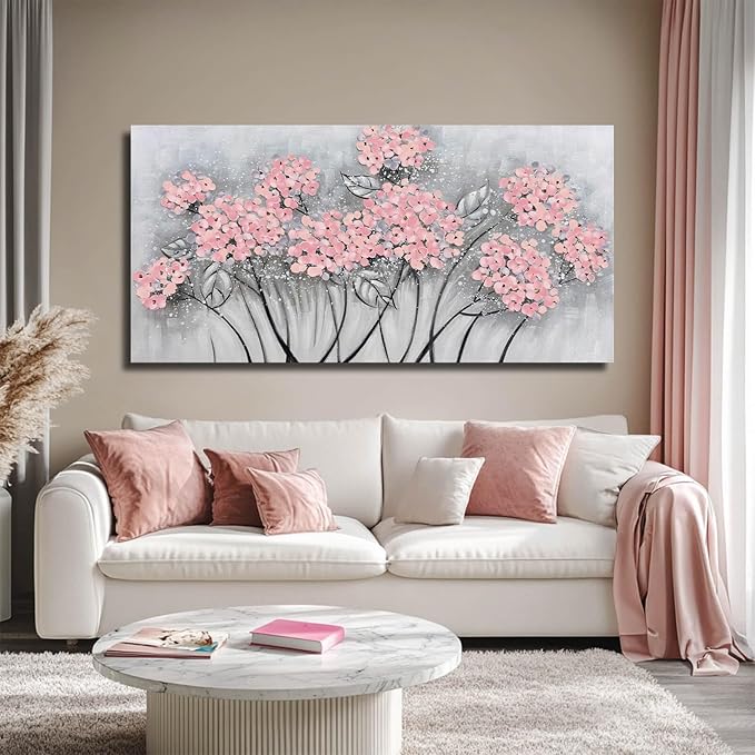 SOUGUAN Botanical Wall Art Oil Painting Pink Flower Pictures Wall Decor Large Artwork for Living Room Kitchen Home Decorations 24x48 Inch