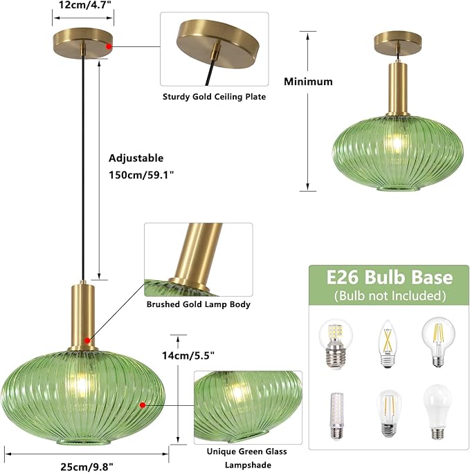 KCO Lighting Modern Gold Pendant Lights Kitchen Island Lighting Large Green Glass Globe Pendant Light Brass Dining Room Hanging Light Fixture Vintage Ribbed Ceiling Light