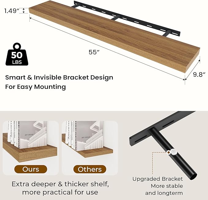 Dreamland 55 Inches Floating Shelves for Wall, 9.8" Deep Long Floating Shelves Set of 1, Large Display & Storage Shelf, Wall Shelf for Bathroom Bedroom Living Room Kitchen Office, Walnut