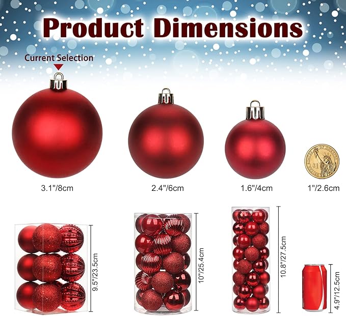 3.15" Red Christmas Balls Ornaments 12 Pcs Shatterproof Christmas Ornaments Set Large Red Ornament for Xmas Tree Halloween Holiday Party