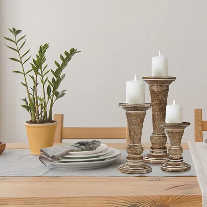 Hand Crafted Decorative Wooden Pillar Candle Holder Stand Siren Shape, Rounded Turned Colums, Country Style Ideal for Gift, Wedding, Christmas, Party, Home, Spa - 10,8,6 Inch Set of 3 - White Wash
