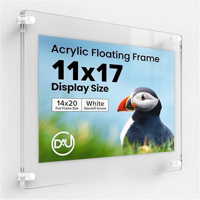 Acrylic Floating Frames White Standoffs (single) 11" x 17" Clear Acrylic Frames for Wall Mount Floating Picture Frame, Diploma Poster Certificate Hanging Photo Display Degree Prints Artwork Documents