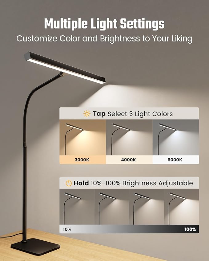 SUPERDANNY LED Desk Lamp for Home Office, Eye-Caring Desk Light with Base, 12W Touch Control 3 Colors Dimmable Brightness, Gooseneck Architect Lamp for Computer Monitor Reading Workbench, Black