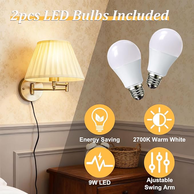 Indoor Wall Sconce Plug in Swing Arm Wall Lamp Bronze Wall Light Fixtures with Beige Fabric Shade Bedside Lights for Bedroom Hallway Study Room Living Room Reading Light