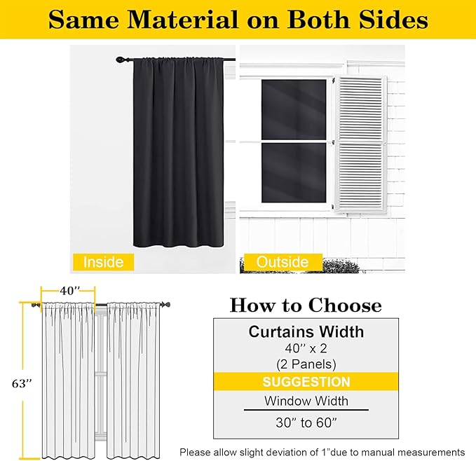 Black Blackout Curtains for Bedroom Living Room 63 Inch Length 2 Panels Set, Soft Solid Room Darkening Thermal Insulated Window Treatments, Rod Pocket Dining Room Curtains, Black, 40"Wx63"L