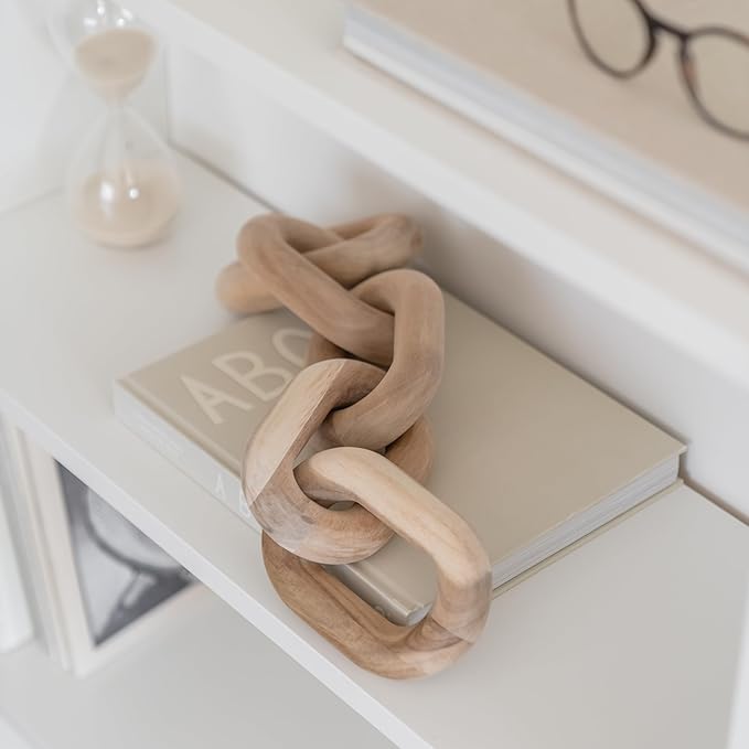 Book Shelf Decor Items - Acacia Wood Chain Link Decor, Coffee Table Accessories, Bookshelf Decors, Sculpture for Shelves, Wooden Decorative Objects, Link Ornament, Living Room Accents