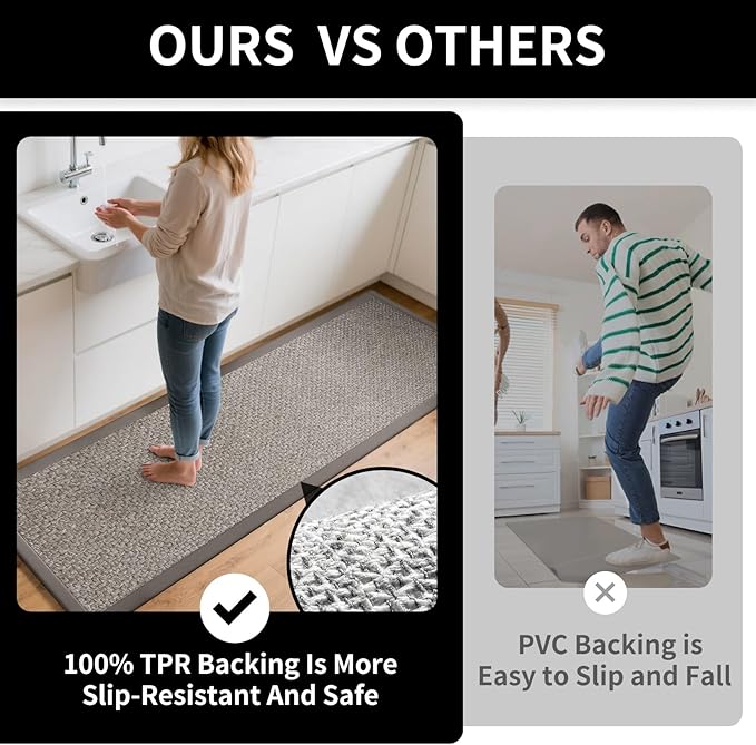 Kitchen Rugs Non Slip Washable, Super Absorbent Kitchen Mats for Floor, Rubber Backing Jute-Like Braid Kitchen Sink Mat Runner Rug Standing Mat, Easy to Clean, Gray 17"x47"
