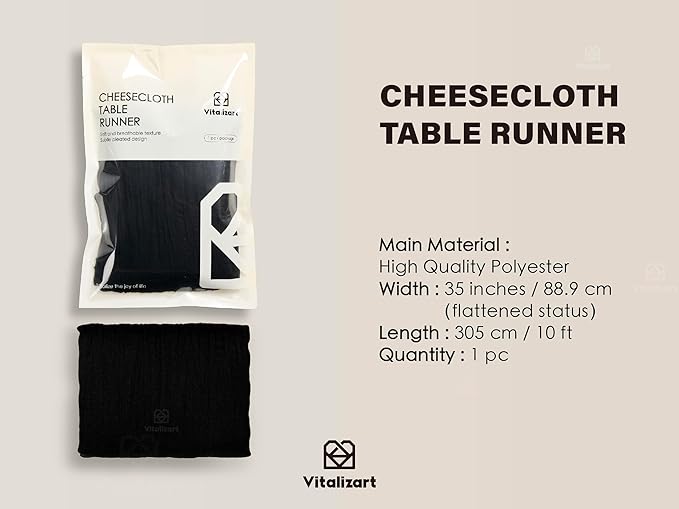 Vitalizart Cheesecloth Table Runner 10ft Gauze Boho Rustic Black Cheese Cloth Table Runner for Wedding Bridal Shower Fall Thanskgiving Decoration 120 Inches