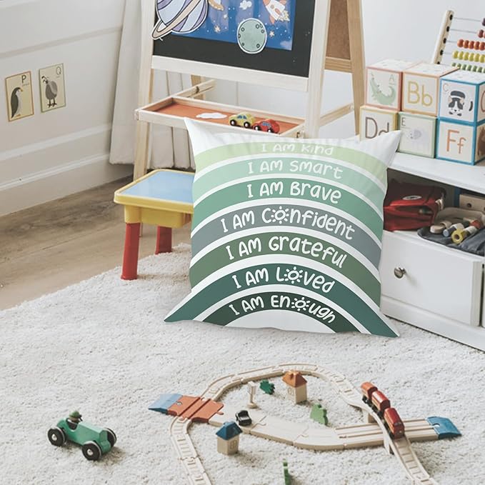 QIYUHOY Boho Sage Eucalyptus Green Rainbow Classroom Throw Pillow Covers, Olive Green Pillow Cover, Book Center Calming Corner Playroom Decor Pillow Case,I Am Kind Smart Brave Confidence,18x18 Inch