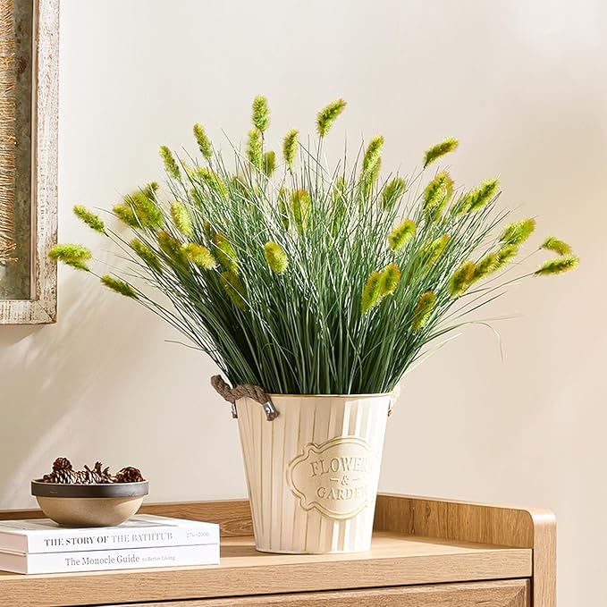 24 inches Extra Lush Artificial Reed Grass (6pcs), Luxury Fake Plants with 13 Heads Dogtail Flower, Luxury Faux Greenery with Dogtail for Garden Porch and Home Decor (Green-13)