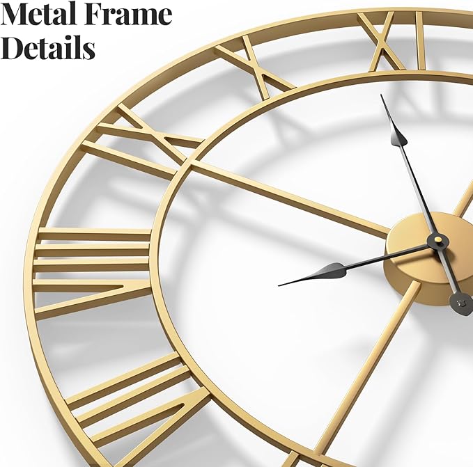 Cuspin Gold Wall Clock 16 Inch Metal Decorative Clock for Living Room, Battery-Operated Completely Silent Non Ticking Round Modern Wall Clock -Roman Number