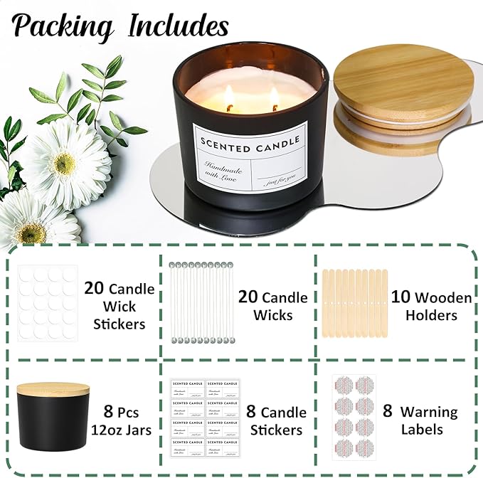 12oz Candle Jars, 8 Pack Large Black Glass Empty Candle Jars for Candle Makings with Bamboo Lids and Wick Kit, Multiple Wick Wide Mouth Candle Container Bulk, Ideal for Candle Business
