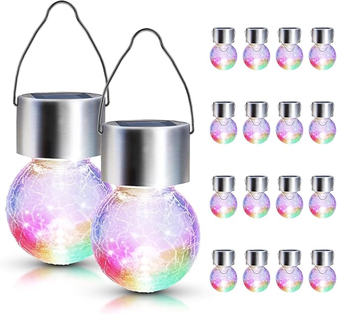 GIGALUMI 16 Pack Solar Outdoor Hanging Lights, Christmas Decoration-Cracked Glass Solar Lights Outdoor Waterproof for Garden, Yard, Fence, Tree(Color Changing)