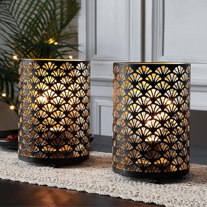 TRIROCKS Set of 6 Table Lamp 6.5'' Tall Metal Cordless Table Lamp Bronze Lanterns with Warm Fairy Lights Bulb for Patio Garden Wedding Parties Indoor Outdoor(Scalloped Hollow Pattern)