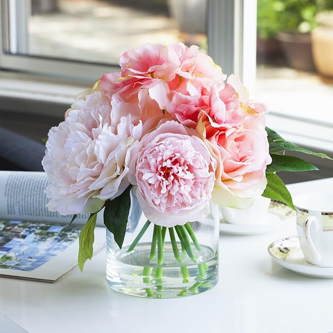 Enova Floral Set of 4 Clear Glass Cylinder Vase, 6W x 6H Inches Round Flowers Vase, Pillar Candle Floating Candle Holders Vase, Small Floral Glass Vase for Home Office Decor, Wedding Centerpiece