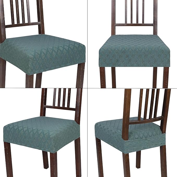 SearchI Stretch Dining Chair Seat Covers Set of 4, Soft Removable Washable Seat Covers for Dining Chairs, Dining Room Seat Cover Slipcover Protector (Rear-Covered, Diamond Aegean Teal)