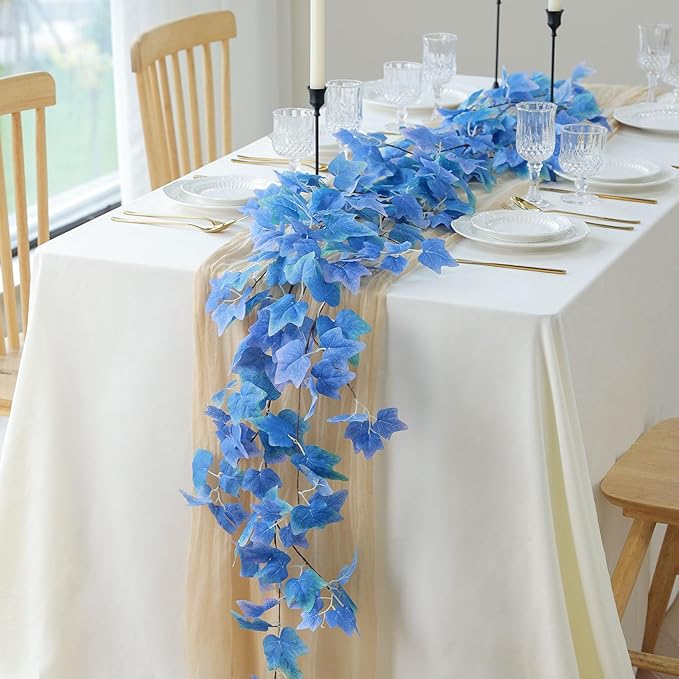 mizii 2 Strands Artificial Vines Blue Ivy Garland 74" Fake Vine with Silk Leaves Faux Hanging Plants Greenery Decoration for Outdoors Wedding Party Indoor Bedroom Home Wall Room Decor (Blue)