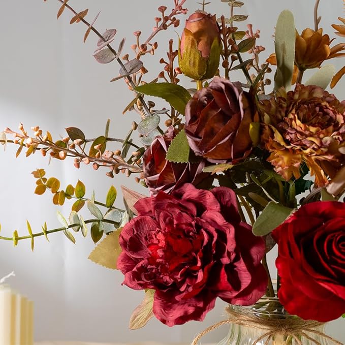 LESING Dahlia Flower Aritificial Flower with Vase Fake Silk Flowers in Glass Vase Faux Rose Flowers Arrangement for Home Office Table Centerpiece Decoration (Claret Red)
