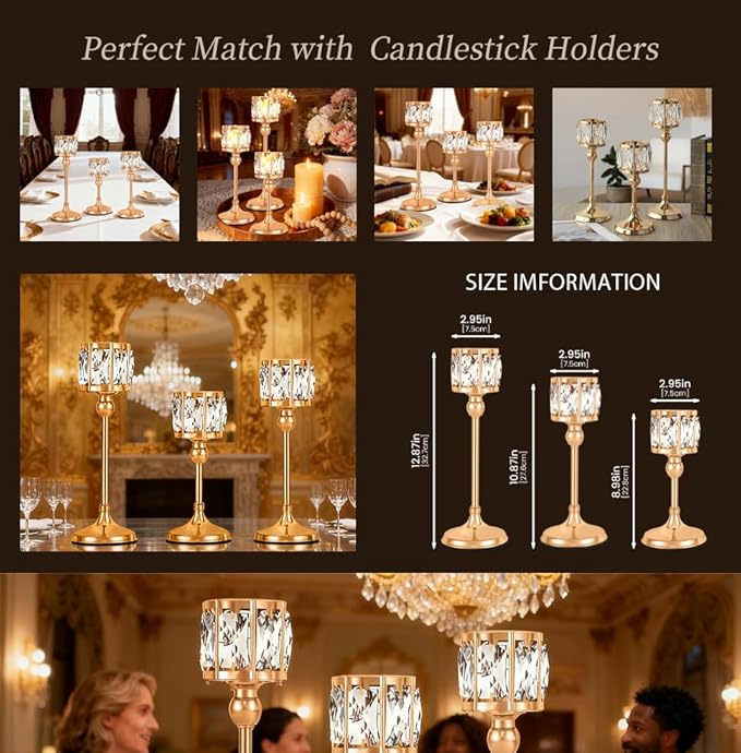 Crystal Tealight Candle Holders,Votive Candle Stands Wedding centerpieces for Tables Crystal Candlestick，Centerpiece Table Decorations (Gold, 4 Sets (12 Pieces))