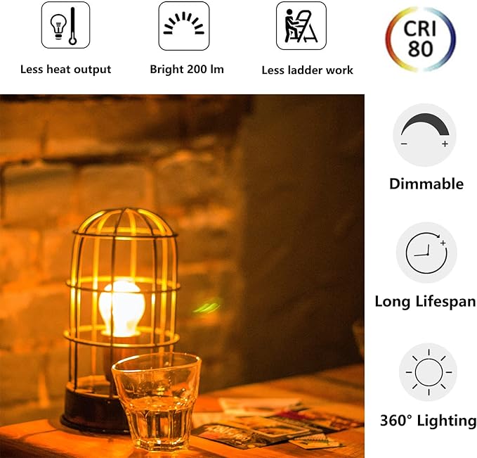 Dimmable 2W LED Globe Bulb 25Watt Equivalent E26 Light Bulb Warm White 2500K LED Edison Bulb, Vintage Filament Edison Decorative Bulb for Chandelier, Ceiling Fan, 6 Pack