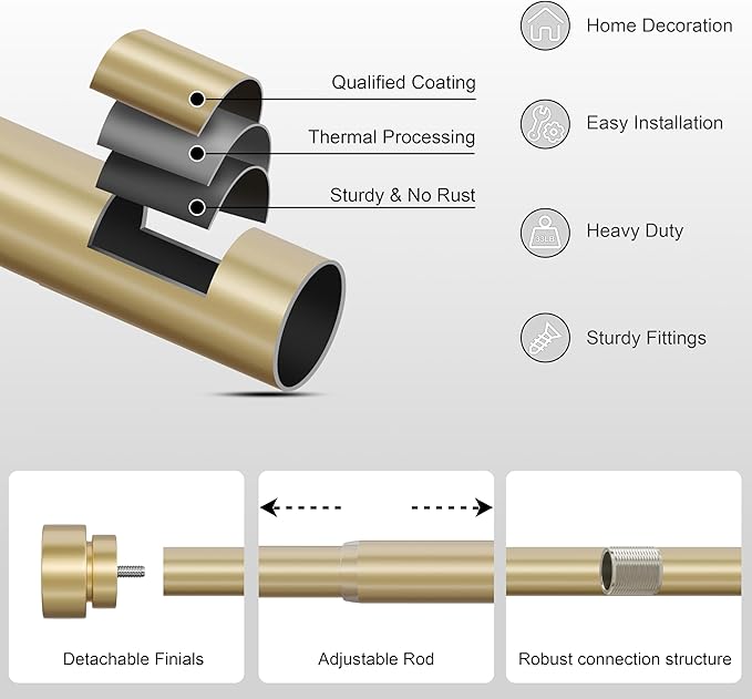 PORTRES Warm Gold Heavy Duty Curtain Rods for Windows 48 to 84 Inches Adjustable Length 1" Diameter Curtain Rod with Modern Decorative Finials for Outdoor Farmhouse Bedroom Kitchen Living Room