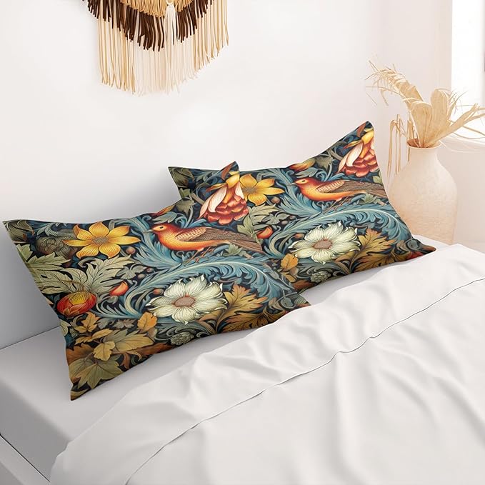 William Morris Pillow Protectors with Zipper Standard Size Vintage Bird Floral Print Pillow Covers Set of 2 Moody Botanical Dark Academia Pillowcases Mid Century Bed Pillow Covers 30"X20"