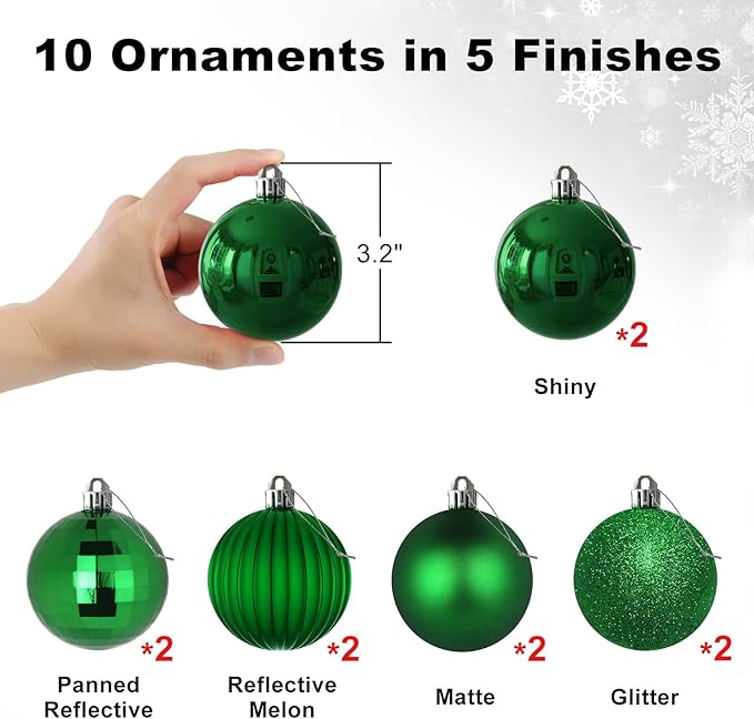 Emerald Green 3.2" Large Christmas Balls - Christmas Tree Decoration Ornaments Shatterproof Hanging Balls for Birthday Halloween Holiday Wedding Decorations Set of 10pcs