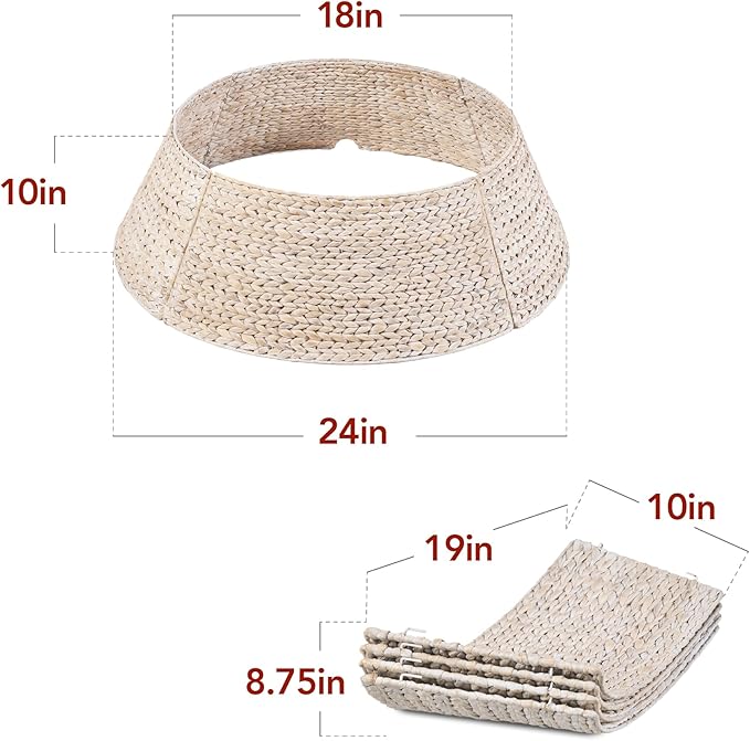 Best Choice Products 24in Christmas Tree Collar, Woven Hyacinth 3-Piece Holiday Rattan Tree Skirt Accessory for Home w/Cord Cut-Out - Transparent White