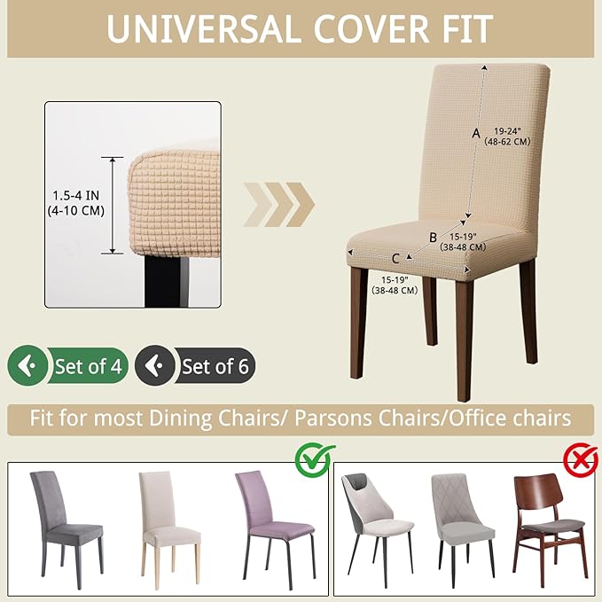Chair Covers for Dining Room Set of 4, Washable Parson Chairs Slipcover Kitchen Seat Protector for Home, Party, Hotel, Banquet (Beige)