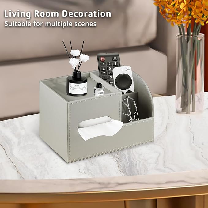 PU Leather Tissue Box Cover Square,Tissue Box Holder Organizer with Storage Tray and Remote Control Holder for Bathroom Countertop Night Stands Bedroom Office Desk,Napkin Caddy Decorative Grey