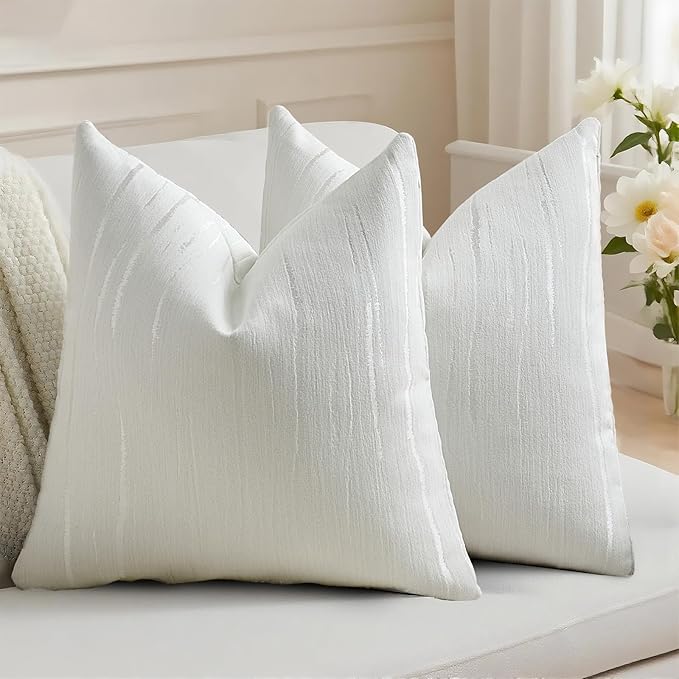 HAUSSY White Throw Pillow Covers 20x20 Inch Set of 2, Boho Embossed Striped Textured Decorative Pillowcases Soft Chenille Cushion Cases, Modern Home Decor for Couch Bed Living Room