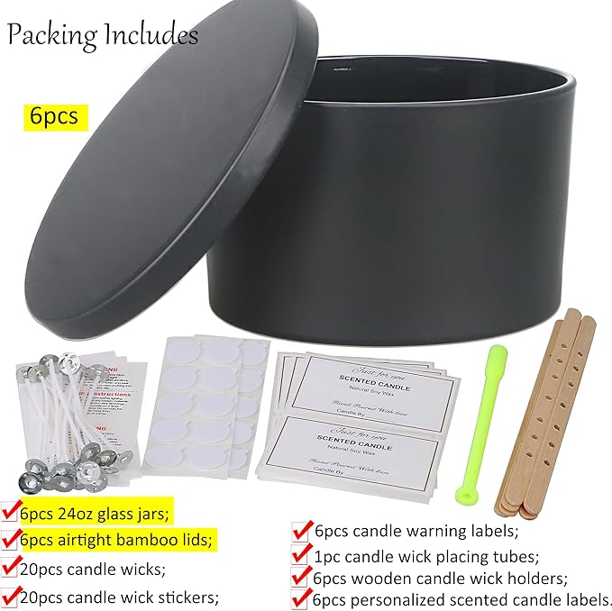 MILIVIXAY 6 Pack 24 oz Candle Jars with Metal Lids and Candle Making Kits - 3 Wick Candle Jars, Bulk Matte Black Thick Glass Containers for Large Candles - Spice, Powder Container.