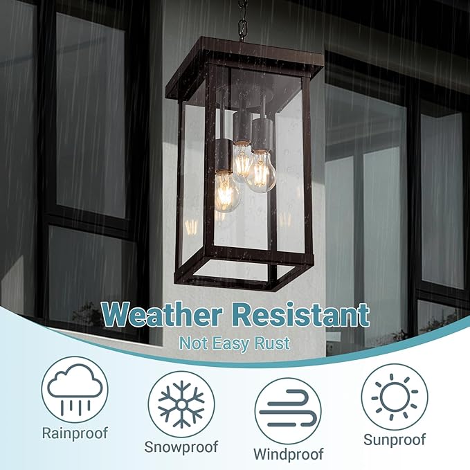 LOUSACE 16'' Large Outdoor Pendant Light 3-Lights Oil Rubbed Bronze Outdoor Chandelier Exterior Hanging Porch Light Fixtures Adjustable Ceiling Mount Outside Pendant Lantern for Entryway Front Door