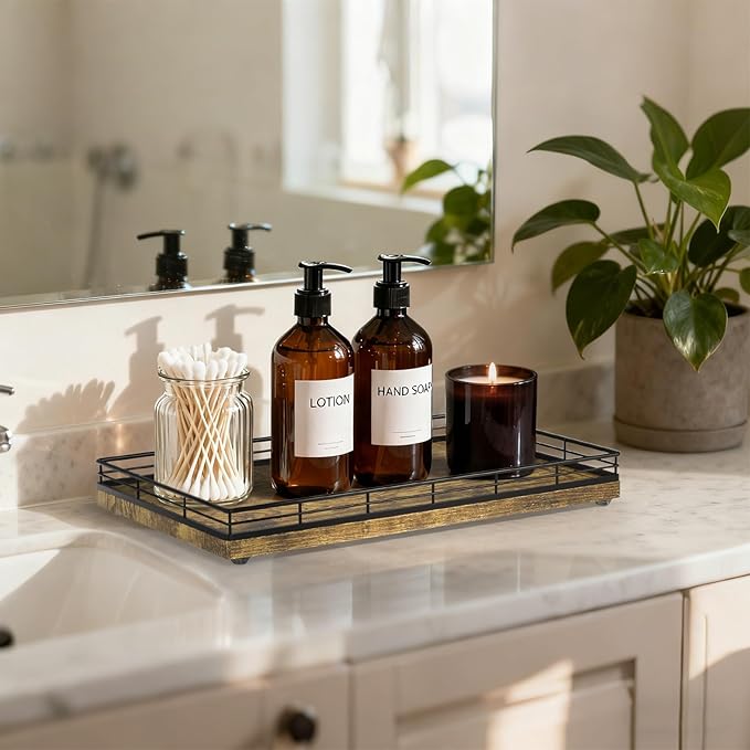 Large Bathroom Vanity Tray – 13" x 8" Decorative Wooden Tray for Bathroom Countertop & Vanity Organizer, Wood Tray for Perfume, Skincare Accessories Storage, Vanity Dresser Decor Black & Rustic Brown