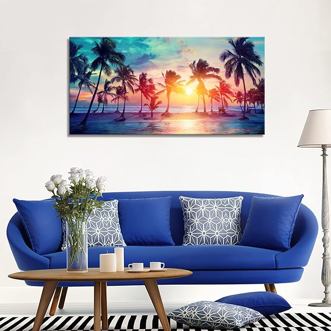 DZL Art S75562 Canvas Wall Art Palm Trees Silhouettes On Tropical Beach At Sunset Beach Seascape Painting Nature Pictures for Living Room Home Office Wall Decor Artwork