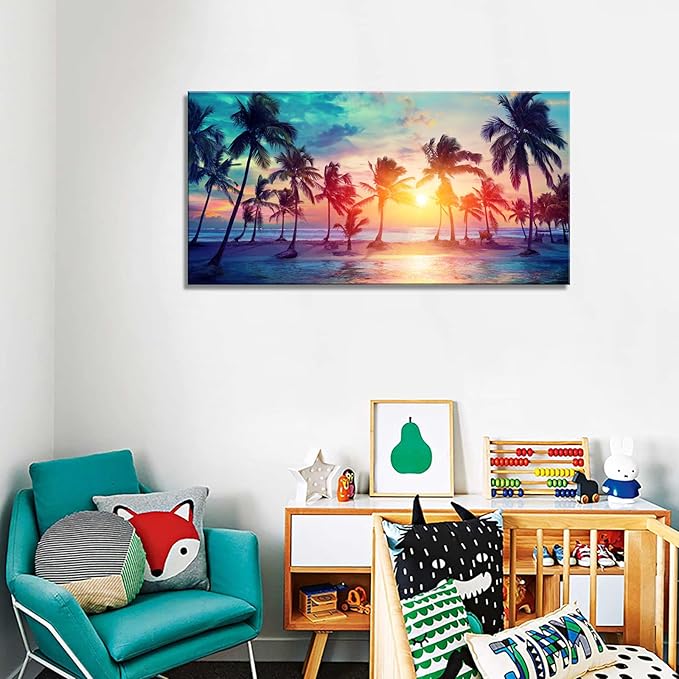 DZL Art S75562 Canvas Wall Art Palm Trees Silhouettes On Tropical Beach At Sunset Beach Seascape Painting Nature Pictures for Living Room Home Office Wall Decor Artwork