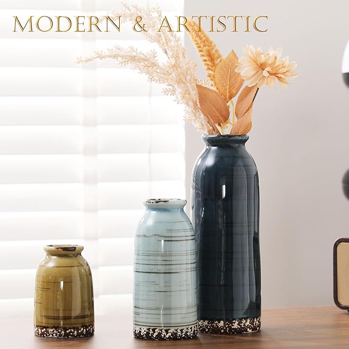 Ceramic Vase Set of 3 - Handcrafted Ceramic Vases for Home Decor & Shelf - Modern Farmhouse Decor for Kitchen, Office, Bedroom & Living Room Decorative Objects for Mantel, Table Centerpieces