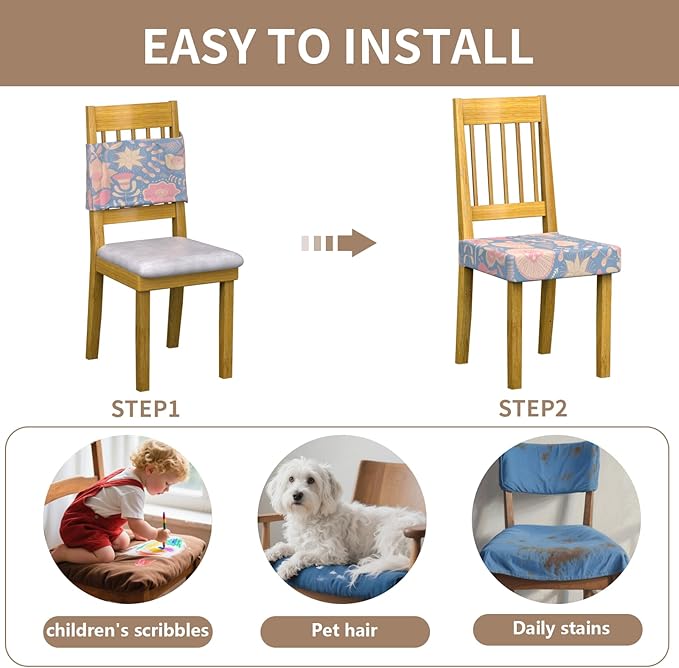 Stretch Dining Chair Seat Covers Set of 6,Dining Chair Slipcovers, Floral Printed Chair Covers,Soft Fabric Washable Upholstered Chair Seat Protector, No Rear Covers for Home Kitchen Dining Room