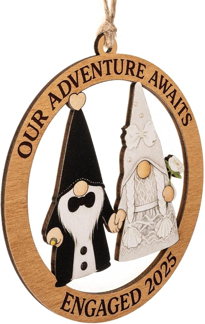 Engagement Ornament, Gnome Ornaments, Gnome Gifts for Women, Wedding Ornaments, Our Adventure Awaits Engaged 2025 Wooden Keepsake, Handmade Couple Christmas Decoration, Engagement Gifts Ready to Gift