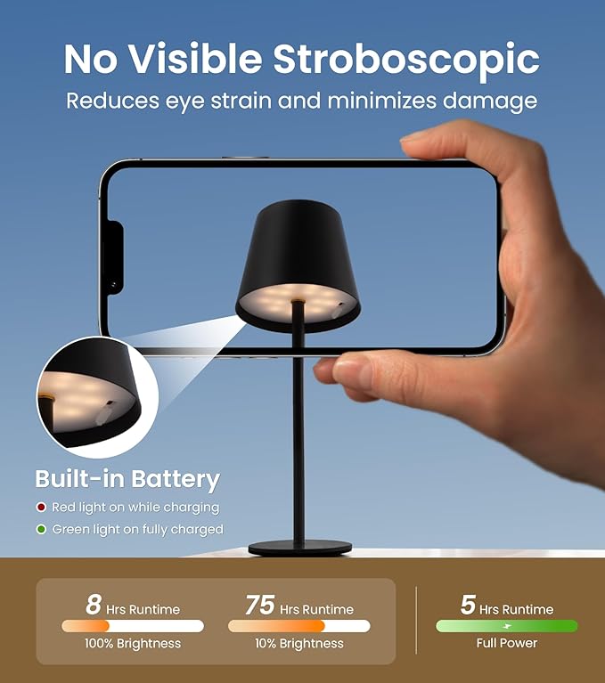 Cordless Table Lamp, Portable Battery Operated Lamp with 3 Color Temps and Stepless Dimming, Rechargeable Table Lamp for Dinner, Desk, Cafe, Outdoor (Black)