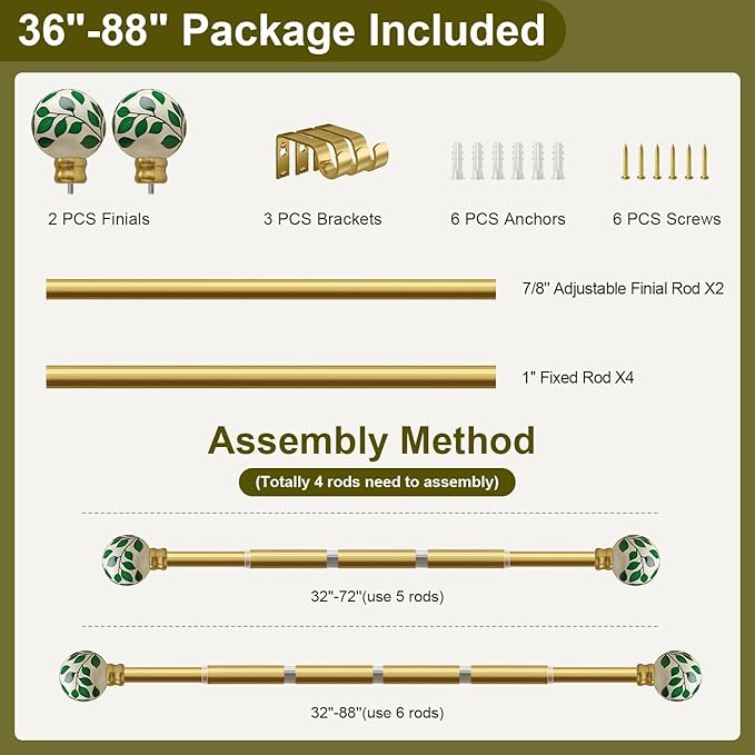 Ceramic Curtain Rods for Windows 48 to 84 Inches Adjustable Length Heavy Duty 1" Diameter Window Curtain Rod with Modern Green Leaf Pattern Decorative Finials for Bedroom Living Room Kitchen