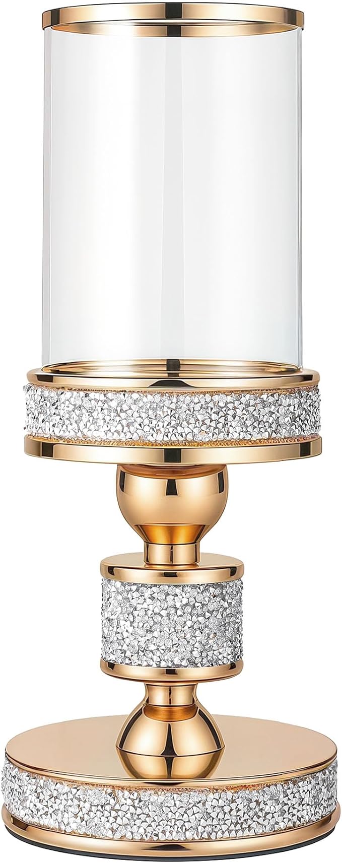 Pillar Candle Holder with Glass Wind Proof, Metal Hurricane Holders, Gold Crystal Candle Stand for Table Centerpieces, Home Decor, Wedding, Dining Table (S, 1PC, for Pillar Candles up to 3"x5")