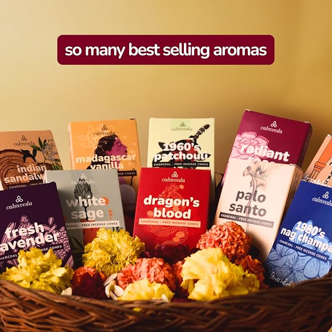 Organic Incense Cones Scented - (120 Cone Incenses, 10 Variants) Clean No Charcoal Incense, Made from Upcycled Flowers | Palo Santo, Frankincense, Nag Champa Cones, etc. (with Holder)
