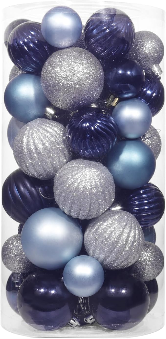 50ct Blue and Silver Christmas Ornaments Set, 2025 Shatterproof Christmas Tree Decorations, Christmas Ball Ornament, Vintage Classic Christmas Ornament Bulk for Christmas Decorations Indoor