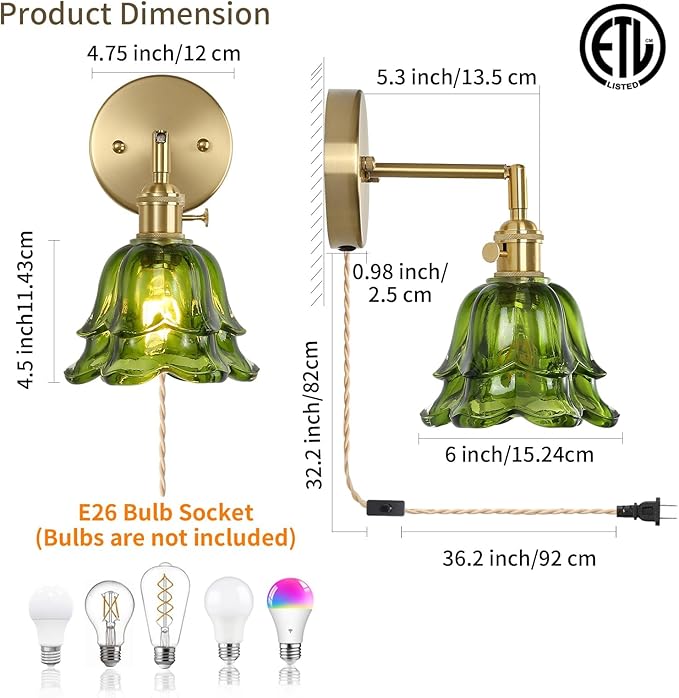 Vintage Plug in Wall Sconces Set of 2, Rose Green Lampshade & 180 Degree Adjustable, Brass Wall Lights, for Bedroom Living Room Hallway Aisle, Bulbs Not Included, ETL Listed